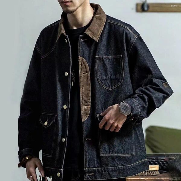 Vestes pour hommes manches longues multi-poches veste en jean à boutonnage simple printemps automne patchwork couleur col rabattu hommes manteau streetwear