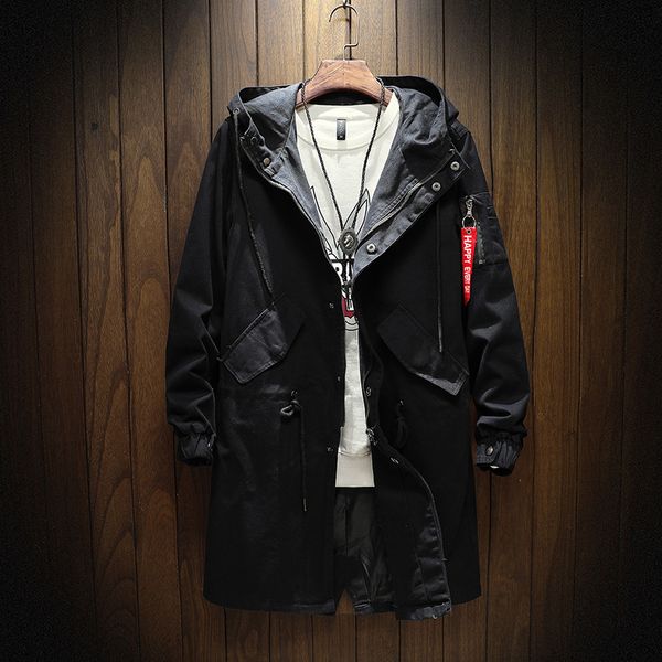 Männer Jacken Lange Trenchcoat Jacke Männer Baumwolle Herbst Windjacke Hip Hop Japanische Mäntel Streetwear Mit Kapuze Armee Grün Casual 230328