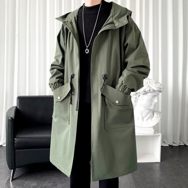 Vestes pour hommes Longue Trench-Coat Veste Hommes Coton Automne Printemps Noir Hip Hop Japonais Manteaux Streetwear À Capuche Armée Vert Casual 230222