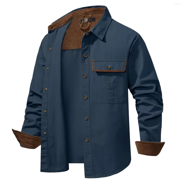 Vestes pour hommes version ample de patchwork velours côtelé chemise en coton lavé bouton en métal manteau de poitrine poids moyen grand homme