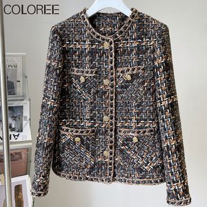 Wo luxe ontwerpers tweed jas dames Koreaanse mode gouden knopen korte wollen jas vrouwelijke herfst winterkleding streetwear 221129