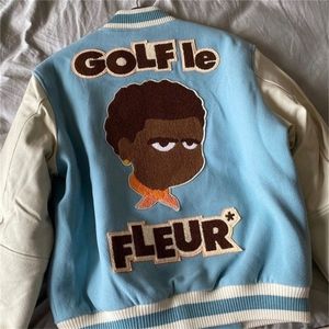 Heren Jackets Luxe mannen Blue Golf Flower Le Fleur Tyler The Creator Pu Leather Varsity Coats Jassen / Down Coats Cotton Warm Winter M2 220919