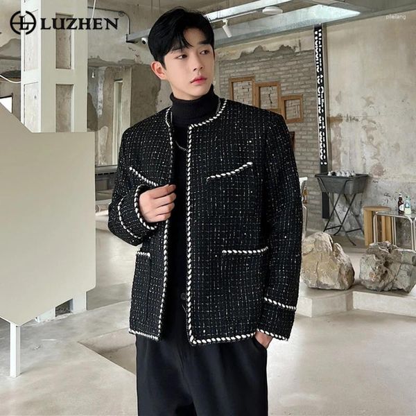 Chaquetas para hombres Luzhen chaqueta de otoño tendencia de invierno sin cuello tweed cardigan moda estilo coreano abrigo de elegancia personalizado 2024 383092