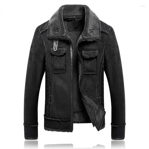 Chaquetas para hombres M-5XL Hombres Chaqueta de cuero de gamuza Abrigo de cuello de giro Abrigo de invierno Cálido Outwear Bolsillos Negro Tallas grandes Ropa