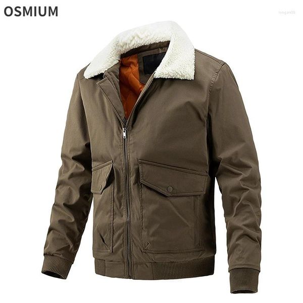 Chaquetas para hombres Hombre Manga larga con cremallera Cuello de piel sintética Chaqueta de invierno de gran tamaño Ropa exterior de doble cara Abrigo Niños Cálido Caqui Tallas grandes 5XL