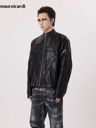 Vestes masculines Mauroicardi automne cool beau court court noir tridimensionnel veste cuir en cuir masculin