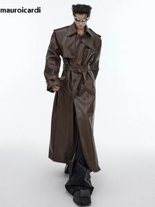 Vestes pour hommes Mauroicardi Automne Long surdimensionné Noir Marron Faux Cuir Trench Coat Hommes Ceinture Double Boutonnage Vêtements de luxe Designer 2023 231114