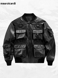 Vestes masculines Mauroicardi Spring et automne Ultra Thin Pu Leather Bomber Techwear Jacket Mens Multi Pocket Luxury Designer Vêtements 2023 Q240523