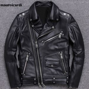 Herenjacks Mauroicardi Spring Black Pu Leather Motorcycle Jacket for Men Style lange mouw ritszakken Heren en jassen 230812