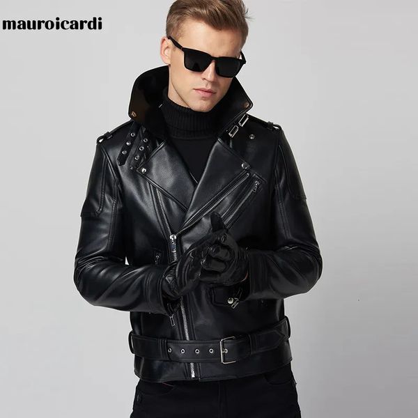 Mauroicardi Printemps Cool Noir En Cuir Biker Veste Hommes Fermeture À Glissière À Manches Longues Ceinture Automne Doux Faux Vestes En Cuir Pour Hommes Marque 231117