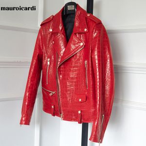 Chaquetas de hombre Mauroicardi Spring Red Pattern Faux Leather Biker Jacket Manga larga Cremallera Tallas grandes Diseñador Hombres Ropa 4xl 5xl 230808