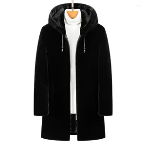 Vestes pour hommes Moyen Long Manteau de fourrure noire Marque Manteaux à capuche Casual Ferret Hommes Zip Hiver Chaud Épaissi Tailles M-4XL!
