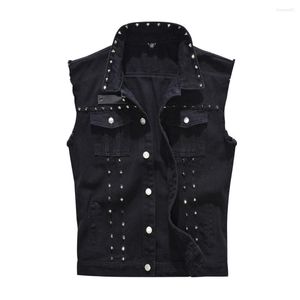 Vestes pour hommes Manteaux pour hommes Gilets Jeans déchirés en coton Veste sans manches Gilet en jean noir Cool Rivets Homme Hip Hop Lavé Cowboy Gilet