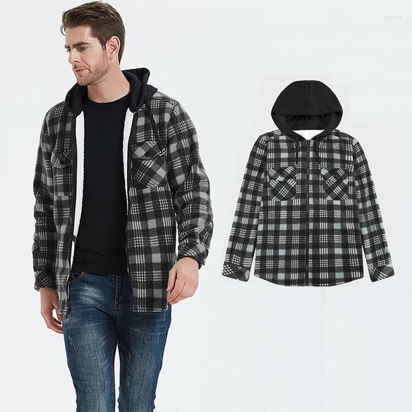 Vestes pour hommes Mode pour hommes Imitation Agneau Velours Plaid Veste à capuche Hiver Épaissie Chemise chaude Vêtements coréens Streetwear