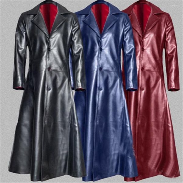 Vestes pour hommes Manteau long en cuir PU pour hommes avec boutons serrés à revers