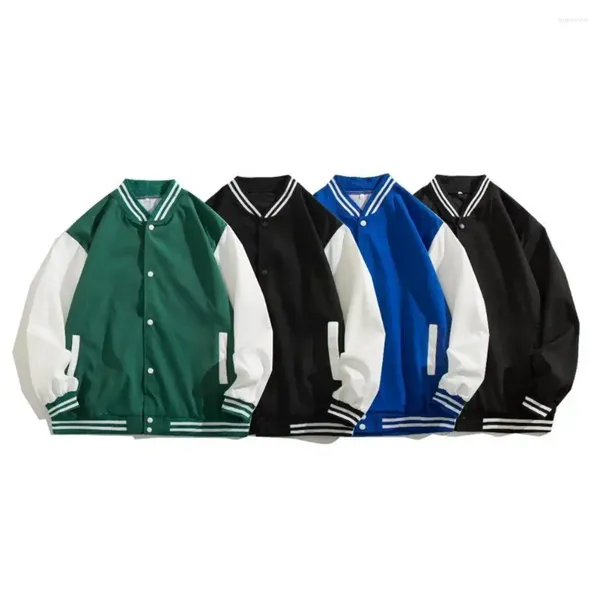 Vestes pour hommes Hommes Baseball Manteau Printemps Automne Contraste Couleur Col Montant Simple Boutonnage Manches Longues Manchette Élastique Lâche Streetwear