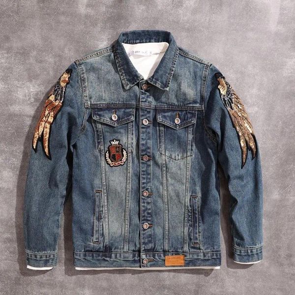 Vestes pour hommes Bling Street Fashion Label Hip-hop Big Patch Denim Jacket Wing à broder