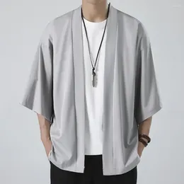 Heren Jackets Men Ademend shirt Japanse stijl Kimono Cardigan Jacket Solid Color Costume Cloths Three Quarter Sleeve