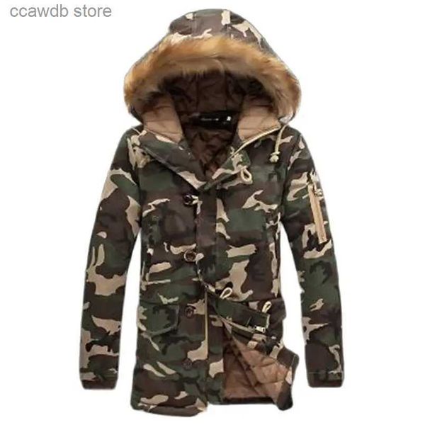 Chaquetas para hombres Hombres Camuflaje Chaqueta de invierno Algodón Acolchado Cuello de piel con capucha Abrigo largo masculino Cupón Casual Mens Warm Camo Parka 2023 Chaquetas T240109