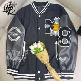 Vestes pour hommes Hommes Cartoon Lettre Serviette Brodée Baseball Veste PU Cuir Manches Retour Zipper Design Casual Lâche Y2K Casual Femmes 230823