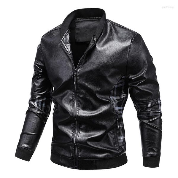 Chaquetas para hombre, chaqueta informal de cuero Vintage para hombre, abrigo ajustado, bolsillo para motorista, cremallera de PU, calidez, cuello levantado informal para hombre