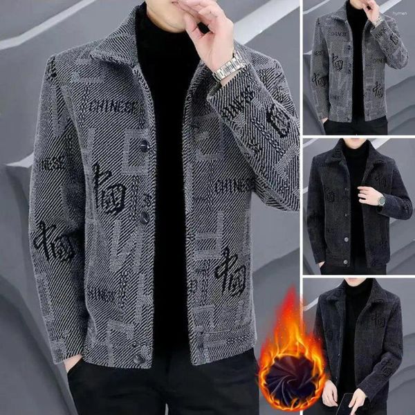 Chaquetas para hombres Abrigo para hombres Chaqueta tipo cárdigan con estampado chino para otoño e invierno con cuello vuelto Diseño de un solo pecho para una comodidad gruesa y cálida