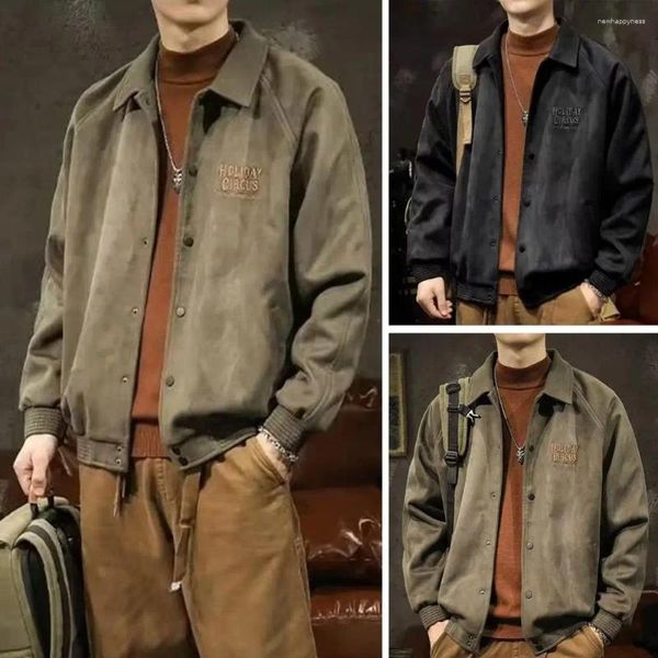 Vestes pour hommes Hommes Manteau Poches à poitrine unique Revers Couleur unie Rétro Manchette élastique Cardigan Baseball Lâche Automne Hiver Veste d'extérieur