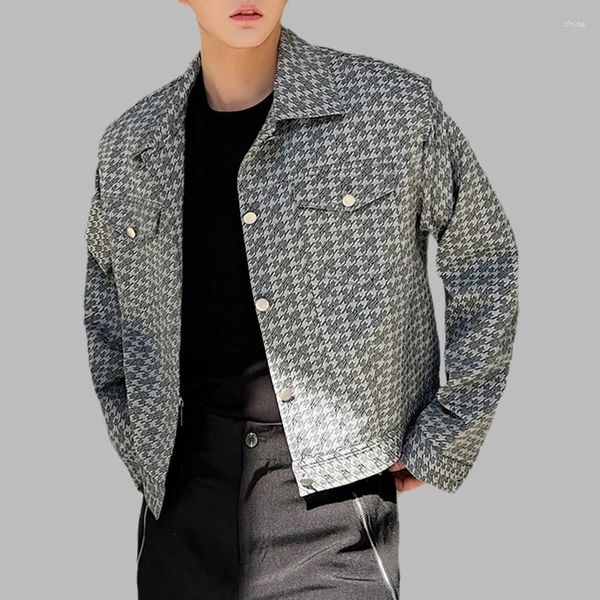 Chaquetas para hombres Hombres Cultivo Mil Bird Checker Impreso Solapa Manga larga Botón Streetwear Personalidad Casual Thin Outerwears