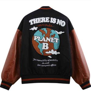 Men's Jackets Men Donkere kleur borduurwerk varsity jassen hiphop vintage pu lederen stiking mouw kleur contrast honkbal uniform losse jas t220914