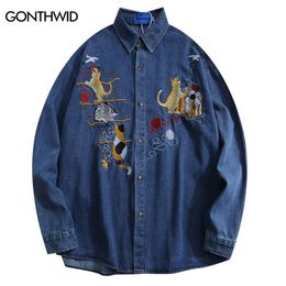 Herenjassen Mannen Denim Shirt Jassen Y2K Harajuku Borduren Kat Katoen Lange Mouw Jeans Shirts Hip Hop Mode Casual Losse blouses Jas 230926