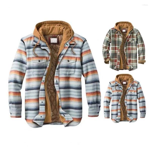 Jackets para hombres Men Fall Coat Flaid Impresión con capucha Invierno con bolsillos de parche con cordón