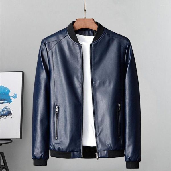 Chaquetas para hombres Hombres Otoño Invierno Abrigo de cuero sintético A prueba de viento Cuello de soporte Cierre de cremallera Longitud media Puño elástico Chaqueta de motocicleta