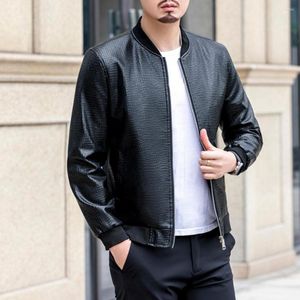 Chaquetas para hombre, chaqueta de piel sintética para hombre, abrigo para motocicleta, cuello alto con grietas, manga larga sólida, cremallera, puños acanalados, ropa de calle