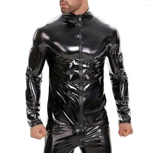 Vestes pour hommes Hommes Faux Cuir Chemise Veste Brillant Couleur Solide Col Stand Fermeture À Glissière Élastique À Manches Longues Party Discothèque PVC Top