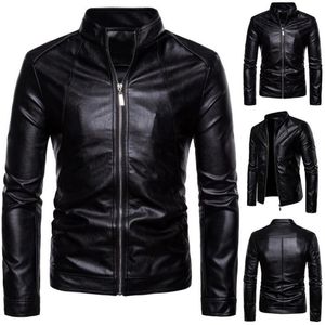 Chaquetas de hombre Hombres de cuero de imitación Color sólido Cuello alto Manga larga Cremallera Chaqueta de motocicleta Abrigo Abrigos