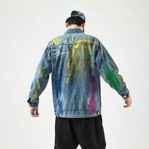 Chaquetas para hombre, abrigo vaquero con estampado de grafiti para hombre, chaqueta informal holgada de Hip Hop, chaqueta vaquera deshilachada de un solo pecho para hombre de talla grande 5XL para hombre