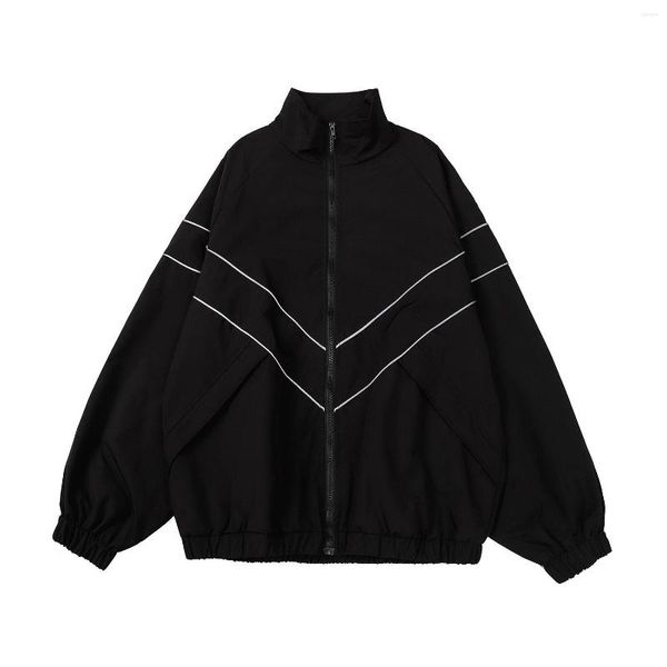 Hommes Vestes Hommes Hip Hop Streetwear Réfléchissant Rayé Veste Manteau Zipper Up Coupe-Vent Harajuku Mince Sport Noir Bleu