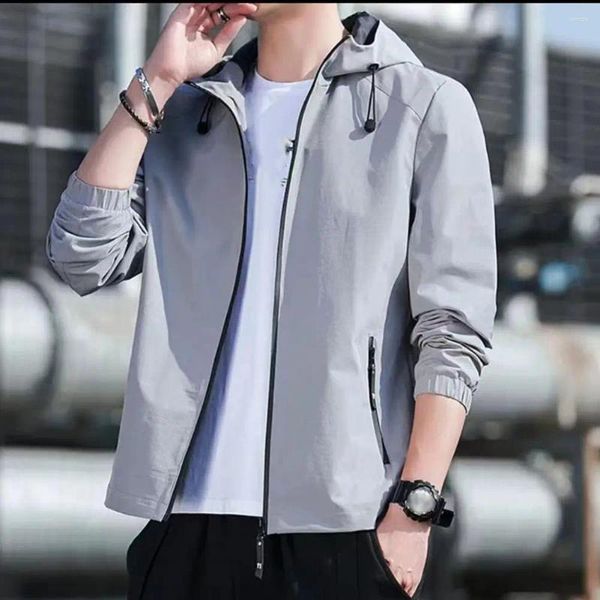 Vestes pour hommes Hommes Veste à capuche Zip Up Poche à fermeture éclair Lâche Couleur unie Cardigan à manches longues Coupe-vent Plus Taille Manteau mi-long