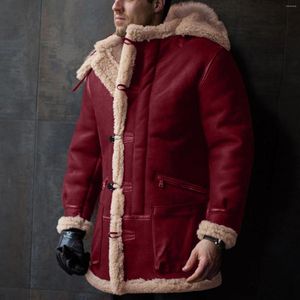 Herenjacks Men Hooded Winterknop jas revers kraag lange mouw met lederen jas met lange mouwen vintage dikke schapenvacht