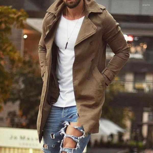 Vestes pour hommes Veste pour hommes Trench-Coat Élégant Coupe ajustée Mi-long Revers Poches Coupe-vent Lâche