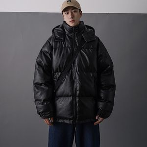 Herenjacks MANNENEN Japanse streetwear lederen puffer jas Mens hiphop zwarte winter bubbel jassen jassen paar Koreaanse parka 230821