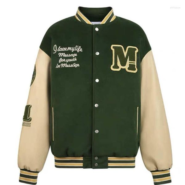 Chaquetas para hombre, chaqueta Varsity con bordado de letras para hombre, uniforme de béisbol de empalme de calle alta, manga de cuero PU negra Retro para mujer