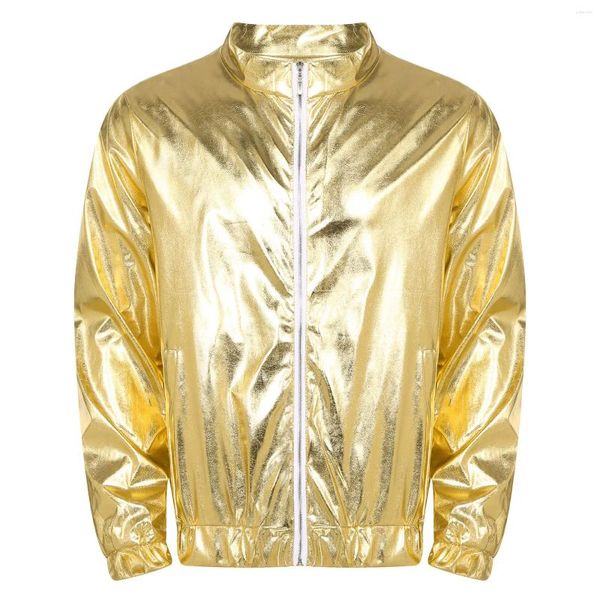 Vestes pour hommes Hommes Métallique Brillant Veste À Manches Longues Disco Dance Stage Performance Sweat-shirt À Glissière Outwear Pour Festival De Musique Club Party