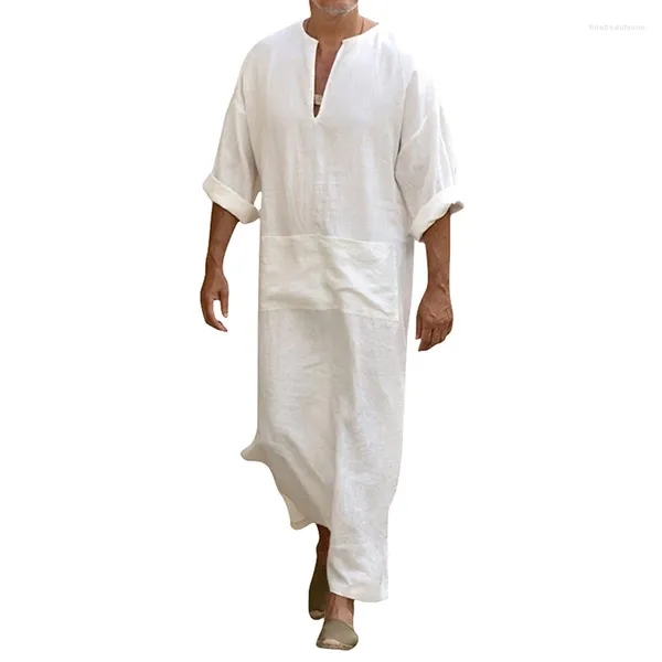 Chaquetas para hombres Hombres Medio Oriente Dashiki Long Robe Color Sólido Media Manga Bolsillos Slit Kaftan Thobe Dubai Vestido Casual Camisa Tops para la primavera