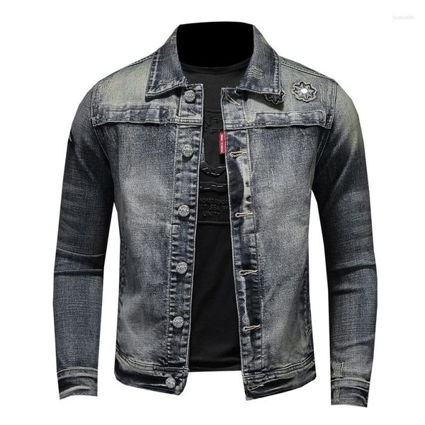 Chaquetas para hombre, chaqueta vaquera de motociclista para hombre, chaqueta vaquera con parche de moda, abrigo vaquero Vintage azul para primavera y otoño, prendas de vestir de alta calidad