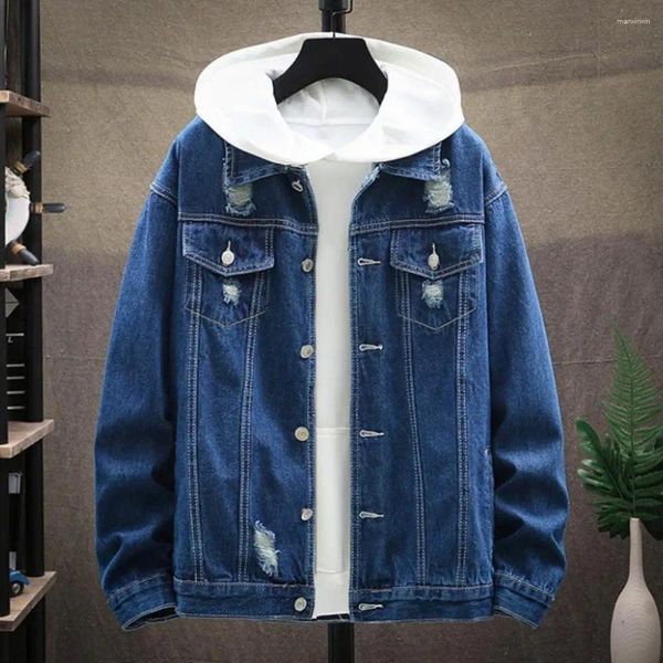 Vestes pour hommes Hommes Patchwork Denim Veste Manteau Élégant Printemps À Capuchon Avec Couleur Correspondant Conception Fermeture À Boutonnage Pour