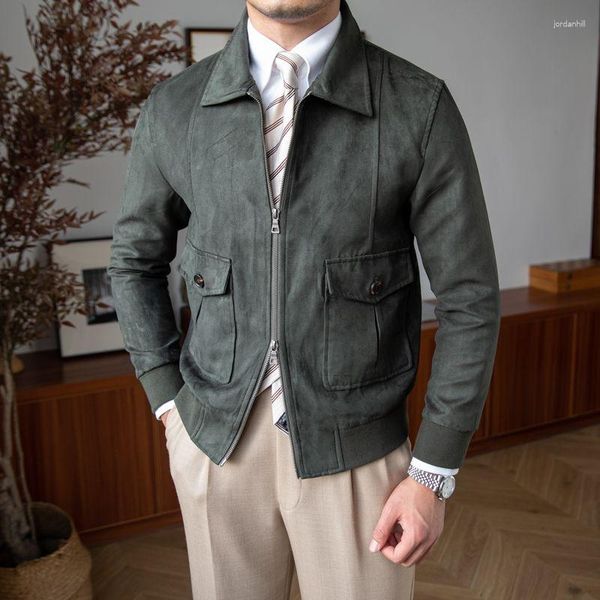 Chaquetas para Hombre, bolsillos para Hombre, cuello vuelto, prendas de vestir ajustadas a la moda, abrigos cortos de tela de gamuza, ropa de calle, Cazadora para Hombre