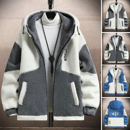 Herenjassen Heren Polar Fleece Jas Colorblock Capuchon Met Pluche Decor Warme Lange Mouw Koudebestendige Jas Voor Herfst Winter