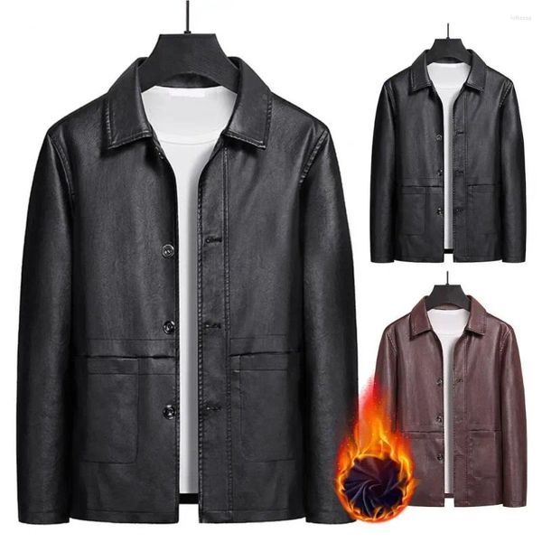 Vestes pour hommes Hommes PU Veste en cuir Revers à manches longues Poches à simple boutonnage Manteau de moto Automne Hiver Doublure polaire Mâle imperméable