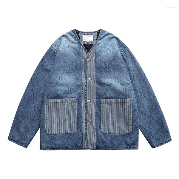 Chaquetas para hombres hombres acolchados sin cuello algodón denim kimono abrigo japonés estilo coreano harajuku streetwear vintage suelto casual carga jeans chaqueta